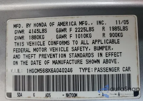 2006 Honda Accord Ex from USA, damaged, VIN 1HGCM568X6A040246